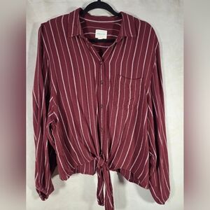 American Eagle Striped Tie-Front Button-Up Shirt - Burgundy with White Stripes.